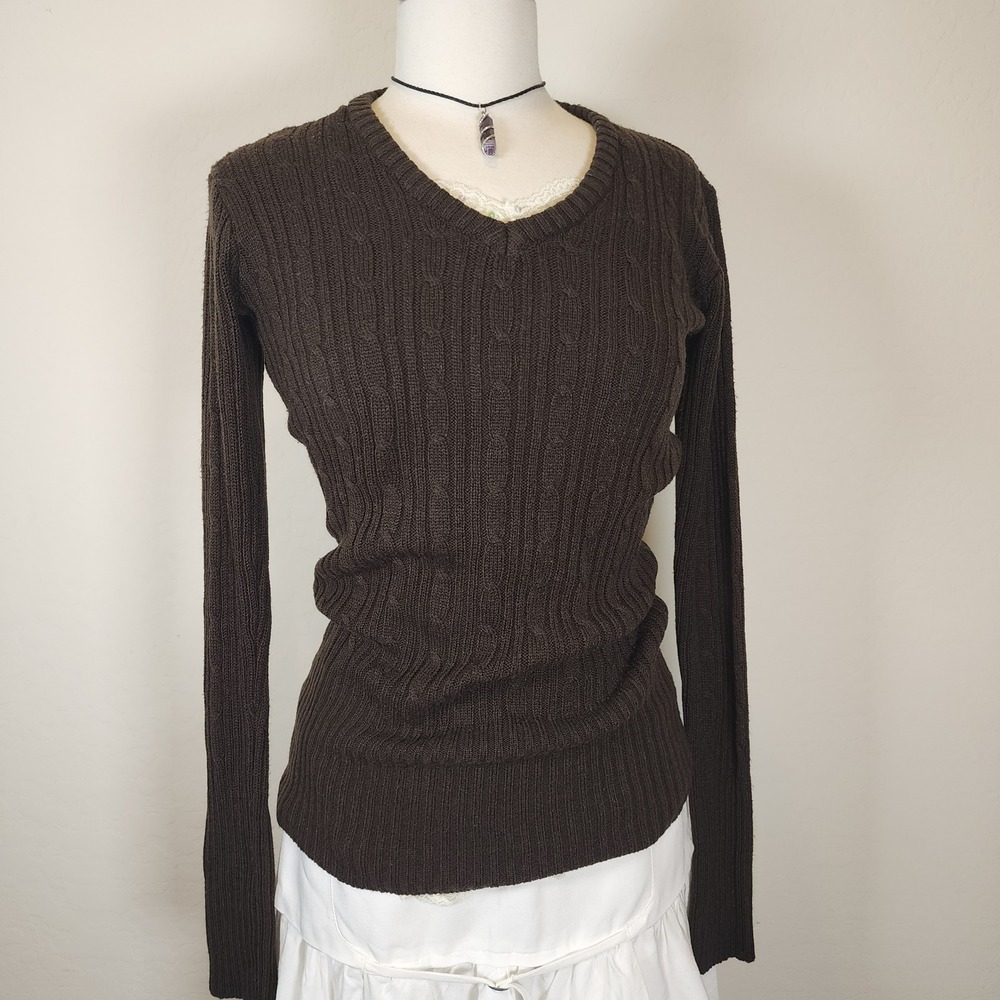 Ashley Aesthetic Perfection Brown V Neck‎ Cable Knit Long Sleeve Sweater